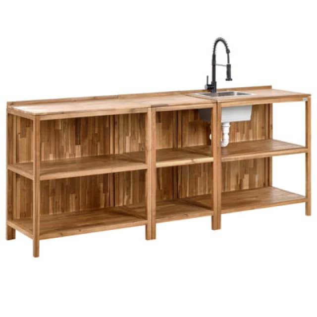 Beliani 3 Piece Outdoor Kitchen Set With Sink Venosa Acacia Wood Brown/ Black