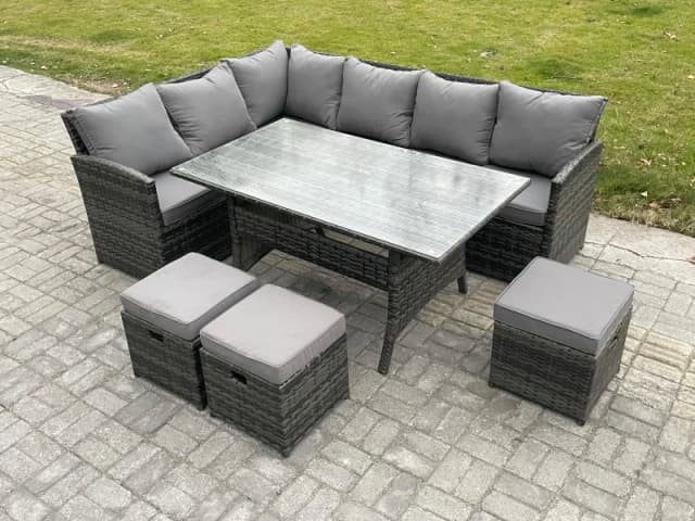 Fimous Outdoor Rattan Garden Furniture Corner Sofa Set with Rectangular Dining Table 3 Small Footstools Patio Wicker Rattan Set in Dark Grey Dark Grey