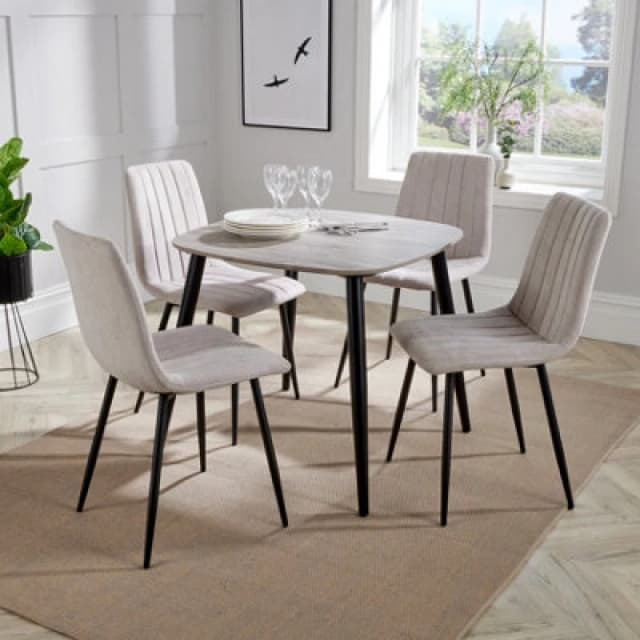 Core Products Aspen Grey Oak Effect 80Cm Square Dining Table With 4 Natural Fabric Straight Stitch Design Chairs