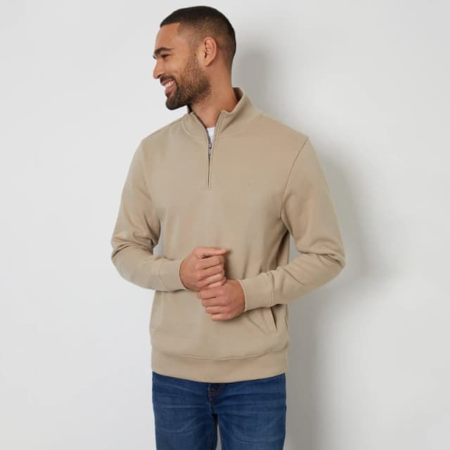 Threadbare Mens Oatmeal Marl Quarter Zip Sweatshirt Stone