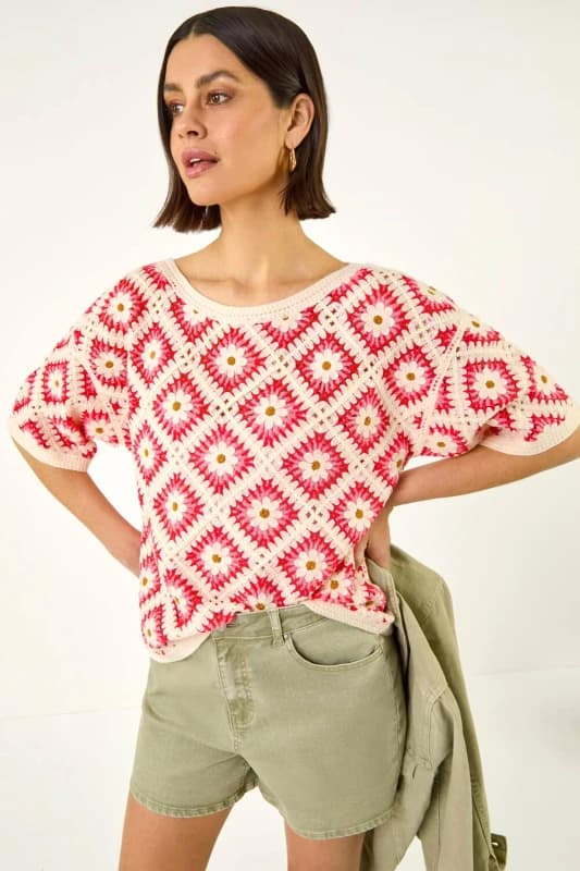 Roman Womens Floral Crochet Knit Top in Pink Size: Large Pink Female L