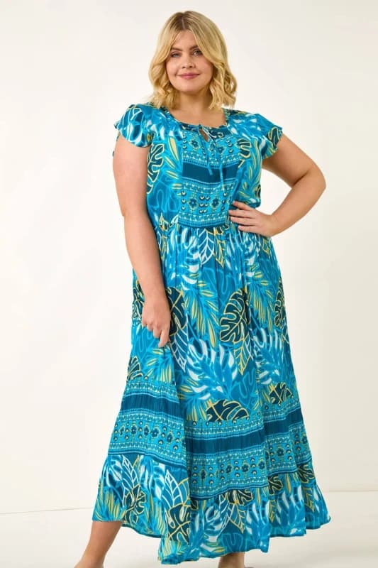 Roman Womens Curve Tropical Tie Neck Dress in Blue Size: 20 Blue Female 20