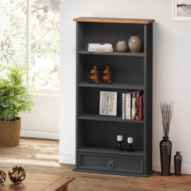 Mercers Furniture Corona Charcoal 1 Drawer DVD Rack 4 Shelf Media Storage Solid Pine With Mexican Styling, Grey CHARC106