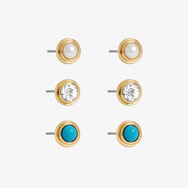 Mood Gold Plated Turquoise and Pearl Studs - Pack of 3 Gold female One Size