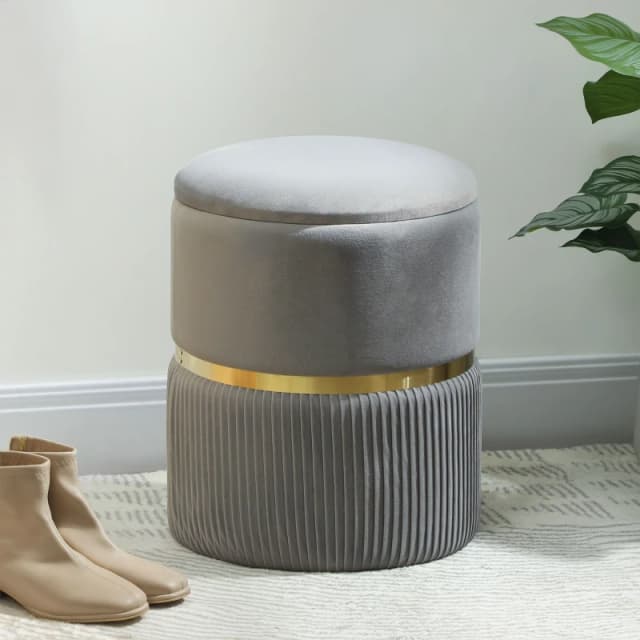 HOMCOM HOMCOM Round Storage Foot Stool, Velvet-feel Fabric Upholstered Pouffe in Light Grey Light Grey One Size Unisex 5063603058699