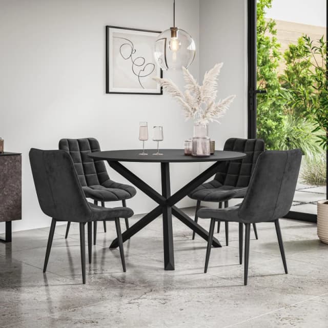 More4Homes Malvern Round Dining Table And Chairs - Black Table Top W Solid Black Oak Legs + Nova Velvet Dining Chair Set Of 4 (Black)