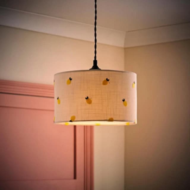 ValueLights Brae Natural White Fabric Lemon Embroidered Drum Lamp Shade with LED Bulb Off White