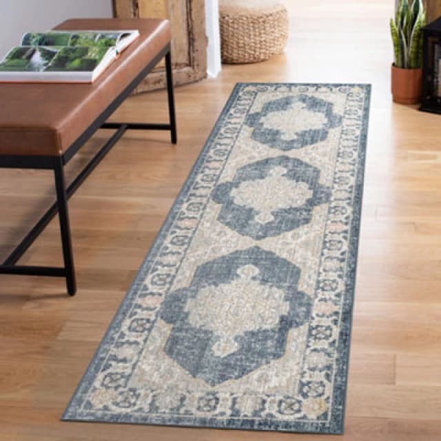 Maia Washable Low Pile Non Slip Orchid Traditional Area Rug - Navy, 60 X 220 Cm (Runner)