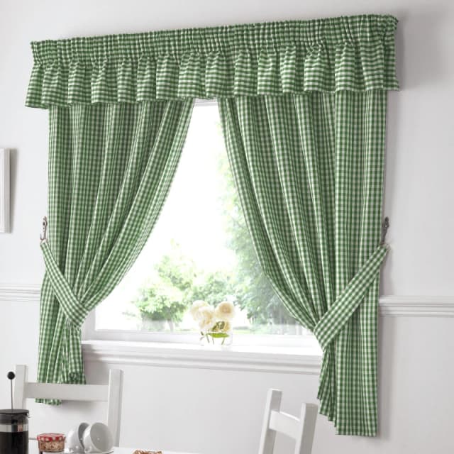 Alan Symonds Gingham Green Checkered Taped Curtains With Tie Backs Green unisex