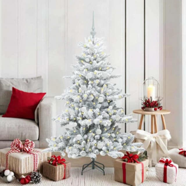 vidaXL Artificial Hinged Christmas Tree with 150 LEDs, White Balls Snow Flocked 150cm PVC, Green 3397708