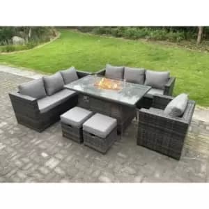 Fimous 7 Seater Rattan Outdoor Patio Gas Fire Pit Dining Sofa Complete Set with Heater and 2 Small Stools