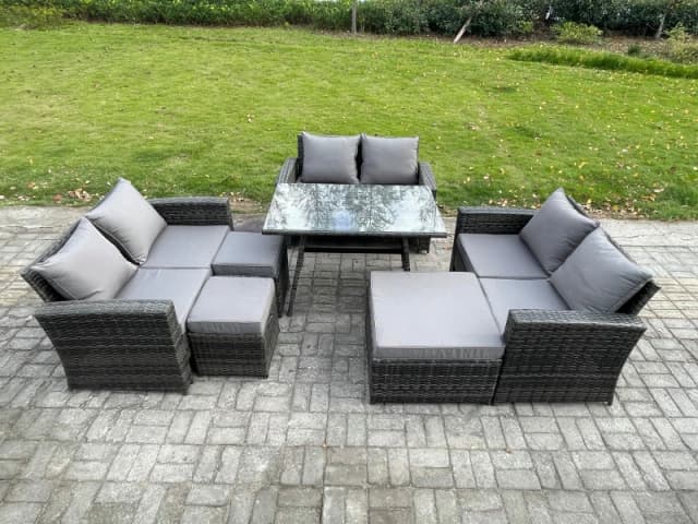 Fimous Outdoor Lounge Sofa Set Wicker PE Rattan Garden Furniture Set with Rectangular Dining Table 2 Seat Sofa 3 Footstools in Dark Grey Dark Grey Uni
