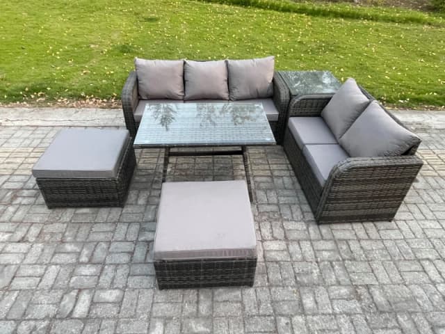 Fimous Rattan Garden Furniture Dining Set 7 seater Patio Rectangular Table 2 Big Footstool Love Sofa Side Table Dark Grey Mixed Dark Grey