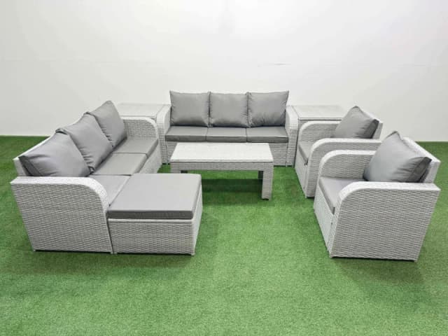 Fimous PE Rattan High Back Lounge Sofa Set Patio Oblong Coffee Table & Chairs Set with 3 Seater Sofa Reclining Chair Big Footstool 2 Side Table Light
