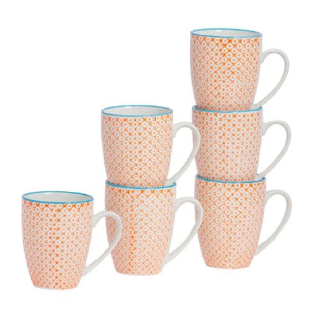 Nicola Spring Nicola Spring Hand-Printed Mug - 330Ml - Orange - Pack Of 6