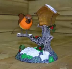 Sound Activated Animated Robin on House Chirps "We Wish You a Merry Christmas"