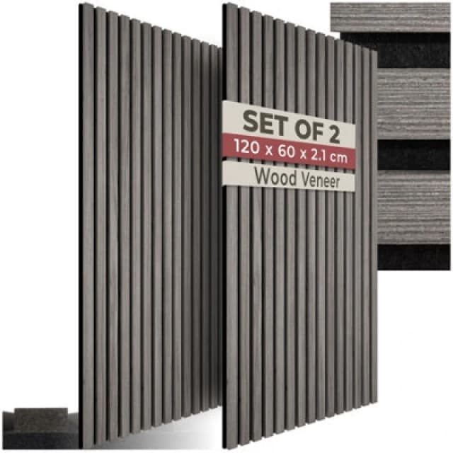 Tectake Acoustic Wall Panels With Wood Veneer Slats, Thick Felt And Easy To Install Set Of 2 - Light Gray Oak
