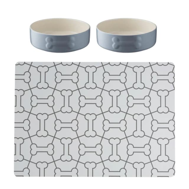 Mason Cash 2x Colour Mix Dog Bowls and Mat Dog Bowls 15cm Grey 71078302000