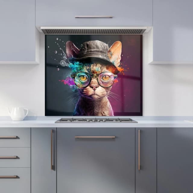 Warren Reed - Designer Devon Rex Cat With Hat Splashart Kitchen Splashback Size: 600mm x 750mm Multicolor Unisex 600mm x 750mm