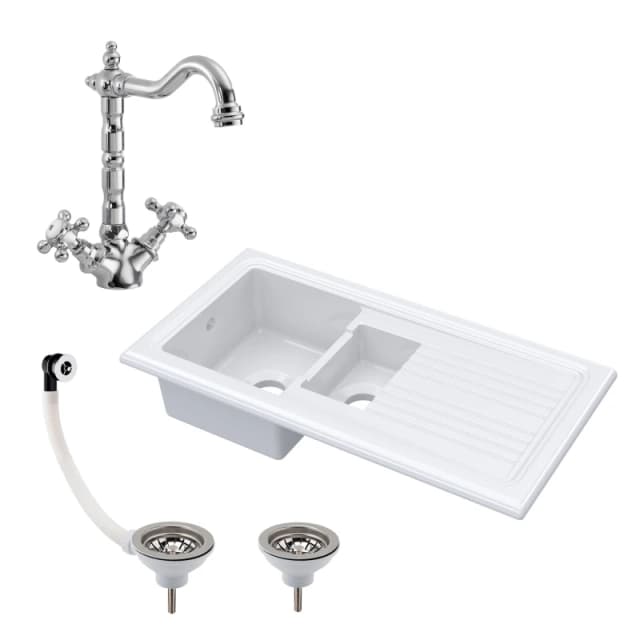 Balterley Fireclay Drop In Sink 1.5 Bowl Drainer Tap Waste 1010mm White