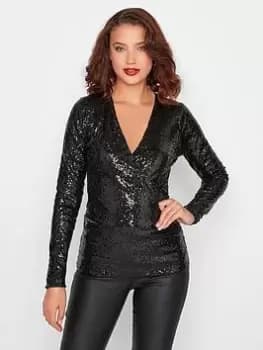 Long Tall Sally Black Sequin Wrap Top, Black, Size 10, Women