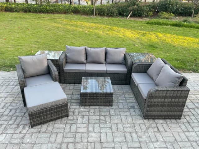 Fimous Rattan Garden Furniture 7 Piece Patio Set With Table Sofa Square Coffee Table Reclining Chair Love seat sofa 2 Side Tables Dark Grey