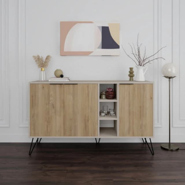 Decortie Clara Sideboard Cabinet Modern Storage Shelves Hairpin Legs Sandstone, Oak 142Cm