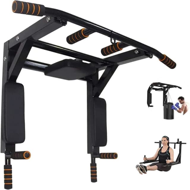 Gr8 Home Pull Up Bar Dip 2in1 Wall Mounted Home Gym Chin Up Cross Fit Multi Grip Workout Station Black