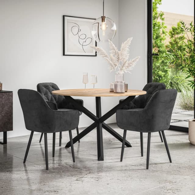 More4Homes Malvern Round Dining Table And Chairs - Oak Table Top W Solid Black Oak Legs + Anika Velvet Dining Chair Set Of 4 (Black)