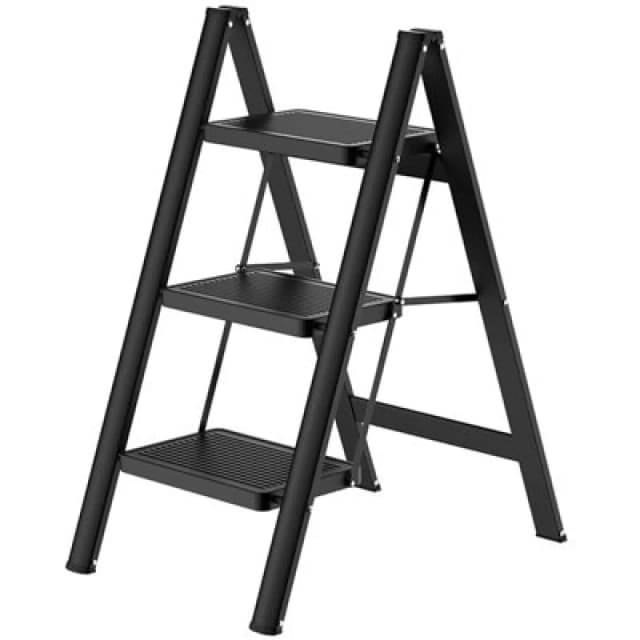 Gr8 Home Black 3 Step Ladder Folding Metal Non Slip Stool Heavy Duty Carbon Steel
