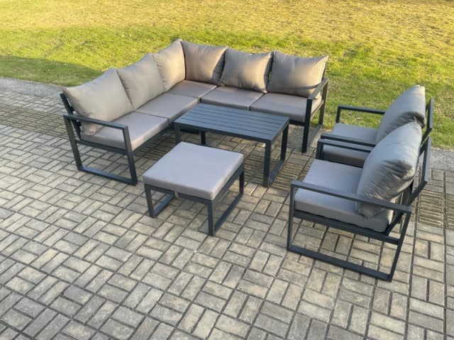 Fimous Aluminium Outdoor Garden Furniture Set Lounge Sofa Oblong Coffee Table Sets with 2 Pcs Chair Big Footstool Indoor Conservatory Set in Dark Grey