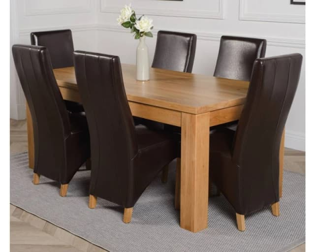 Thats Furniture Dakot 182 x 92cm Oak Large Dining Table & 6 Lola Leather Chairs in Brown Size: 182 x 92cm Brown Unisex 182 x 92 cm