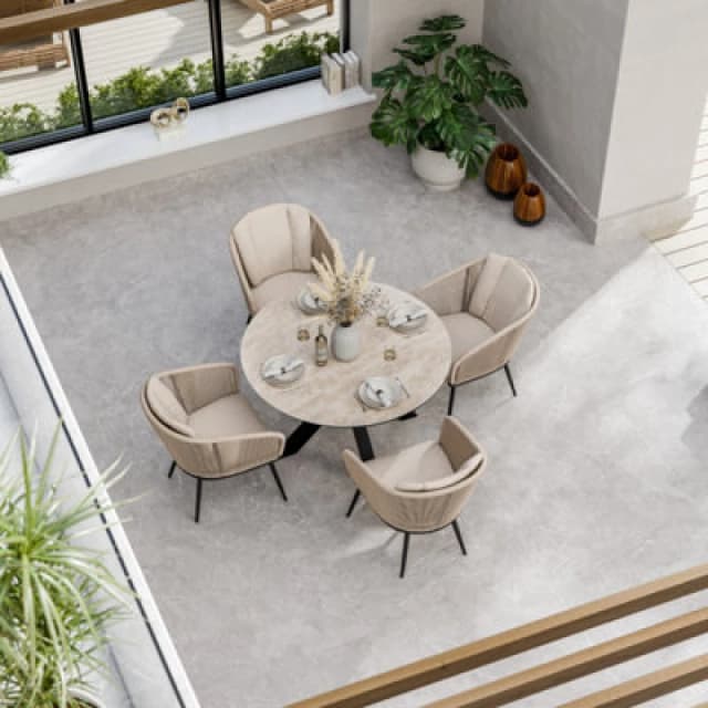 Royalcraft Bali 120Cm Round Ceramic Table With 4 Bali Rope Chairs