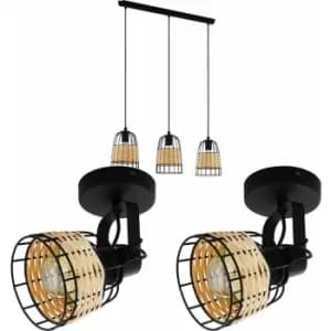 Ceiling Spot Light & 2x Matching Wall Lights Black Wire & Wicker Wood Shade
