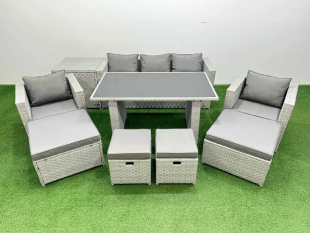 Fimous Patio Garden Furniture Sets With Black Glass Top Dining Table Armchair 3 Seater Sofa Side Table 4 Stools Light Grey