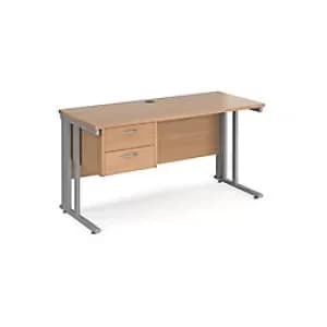 Rectangular Straight Desk Beech Wood Cable Managed Legs Silver Maestro 25 1400 x 600 x 725mm 2 Drawer Pedestal