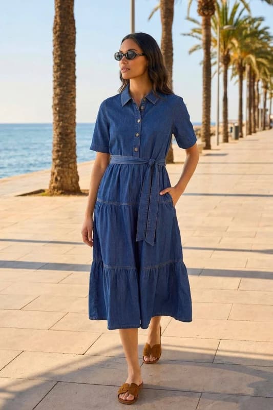 Roman Womens Button Detail Tiered Midi Dress in Mid Blue Size: 12 Mid Blue Female 12
