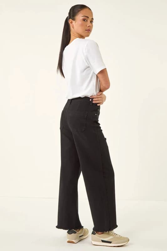 Roman Womens Petite Cotton Frayed Hem Trouser in Black Size: 14 Black Female 14