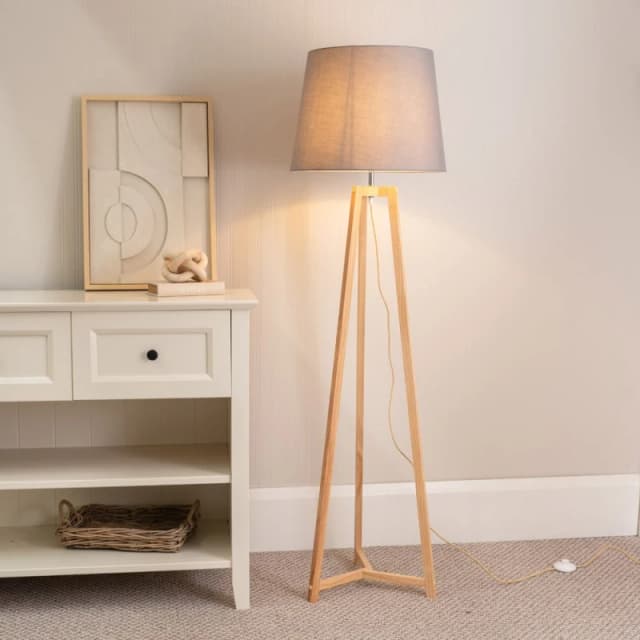 ValueLights Lottie Natural Wood Tripod Floor Lamp with Fabric Tapered Shade Grey