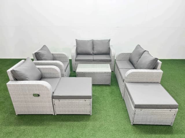 Fimous 8 Seater Outdoor Reclining Chair Love Sofa Set Rattan Garden Furniture Set with Rectangular Coffee Table 2 Big FootStools Light Grey Light Grey