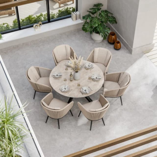 Royalcraft Bali 150Cm Round Ceramic Table With 6 Bali Rope Chairs