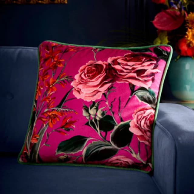 Laurence Llewelyn-Bowen Cotswald Fantasia Dawn Soft Touch Floral Print Pink Velvet Filled Cushion