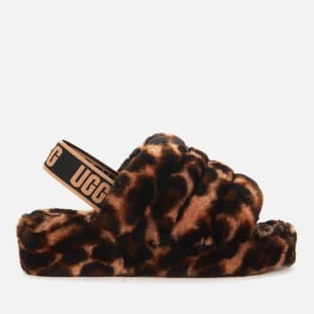 UGG Womens Fluff Yeah Slide Leopard Print Sheepskin Slippers - Butterscotch - UK 4