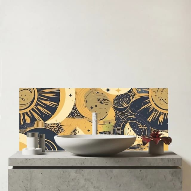 Warren Reed - Designer Blue Gold Moon & Sun Glass Bathroom Splashback in Yellow Yellow Unisex
