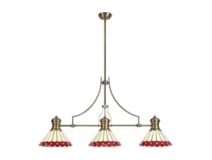 3 Light Telescopic Ceiling Pendant E27 With 30cm Tiffany Shade, Antique Brass, Red, Crystal