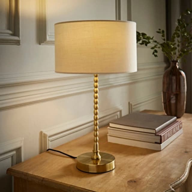 ValueLights ValueLights Maeve Fabric Drum Lamp Shade Brushed Gold Bobbin Bobble Table Lamp with LED Bulb in Natural Natural One Size Unisex 5059406067