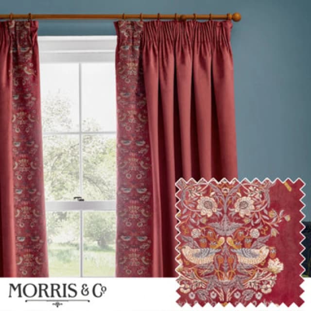 Morris & Co Morris & Co Strawberry Thief Embroidery Embroidered Velvet Room Darkening Pencil Pleat Curtains Size: 117cm width x 183cm drop Red 117cm