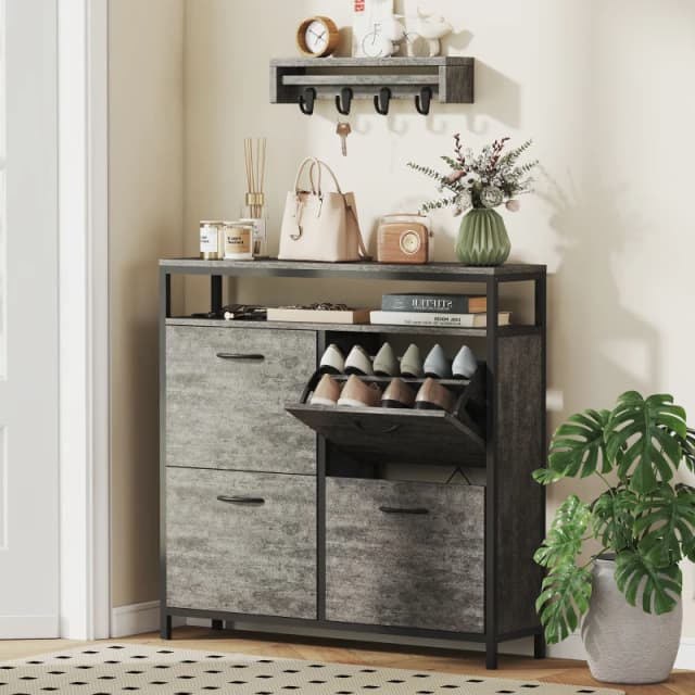 HOMCOM HOMCOM Narrow Shoe Cabinet with 4 Flip Drawers and Open Shelf in Grey Grey One Size Unisex 5063603193000