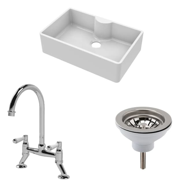 Balterley Fireclay 1 Bowl Butler Sink Tap Ledge Waste Mixer Tap 795mm Silver