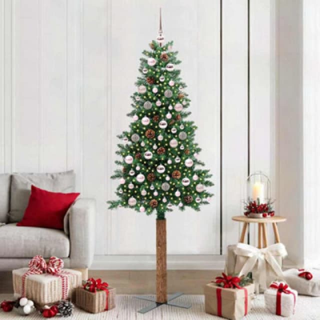 vidaXL Slim Christmas Tree with Pink Balls Green 210cm PVC and Solid Pine wood, Green 3394879
